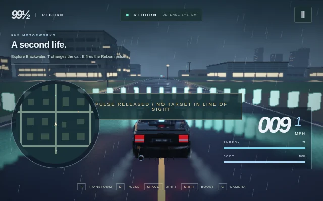 Actual capture from the playable Build 004: the black Jetta in the game's nighttime district.