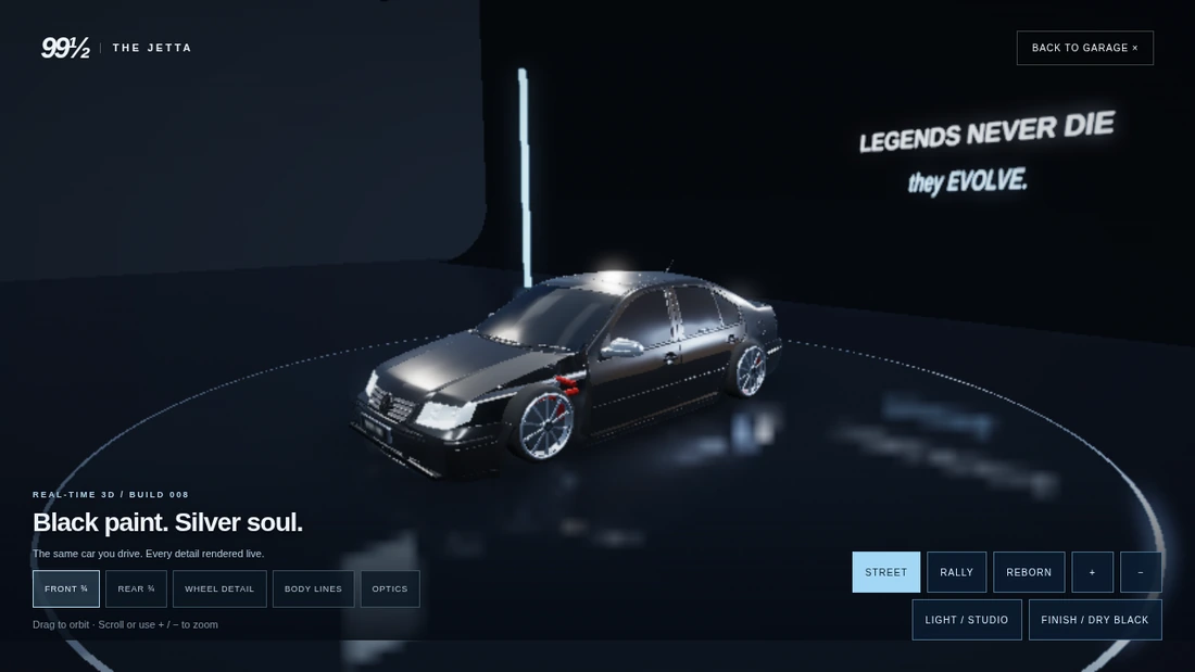 Actual WebGL capture from playable Build 008: the imported Mk IV Jetta in the car inspection studio.