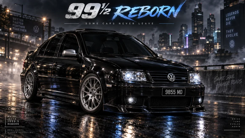 Concept artwork of a glossy black Mk IV Jetta with silver mirrors on a rain-slick street.